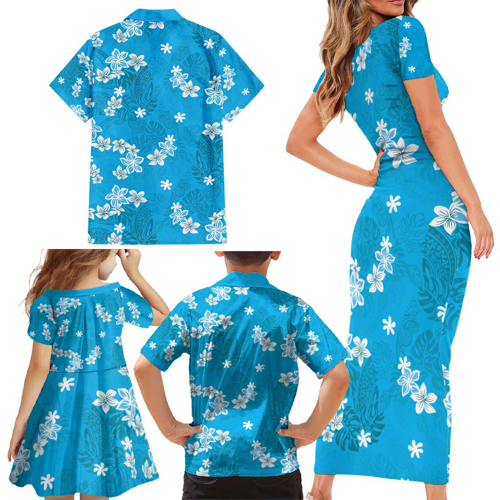 Hawaii Monstera Deliciosa Family Matching Short Sleeve Bodycon Dress and Hawaiian Shirt Blue Plumeria Polynesian Pattern LT05 - Polynesian Pride