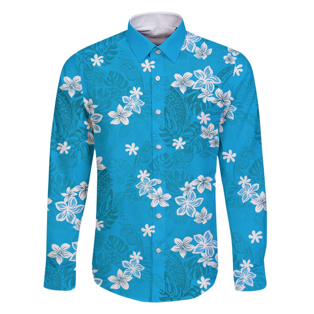 Hawaii Monstera Deliciosa Family Matching Short Sleeve Bodycon Dress and Hawaiian Shirt Blue Plumeria Polynesian Pattern LT05 Dad's Shirt - Long Sleeve Blue - Polynesian Pride