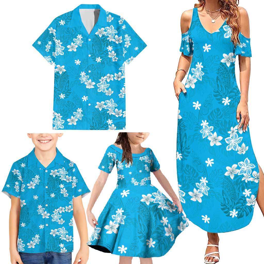 Hawaii Monstera Deliciosa Family Matching Summer Maxi Dress and Hawaiian Shirt Blue Plumeria Polynesian Pattern LT05 - Polynesian Pride