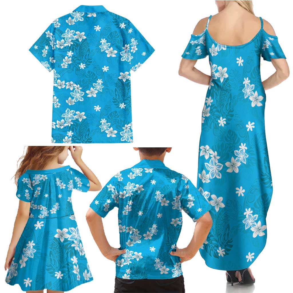 Hawaii Monstera Deliciosa Family Matching Summer Maxi Dress and Hawaiian Shirt Blue Plumeria Polynesian Pattern LT05 - Polynesian Pride