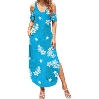 Hawaii Monstera Deliciosa Family Matching Summer Maxi Dress and Hawaiian Shirt Blue Plumeria Polynesian Pattern LT05 Mom's Dress Blue - Polynesian Pride