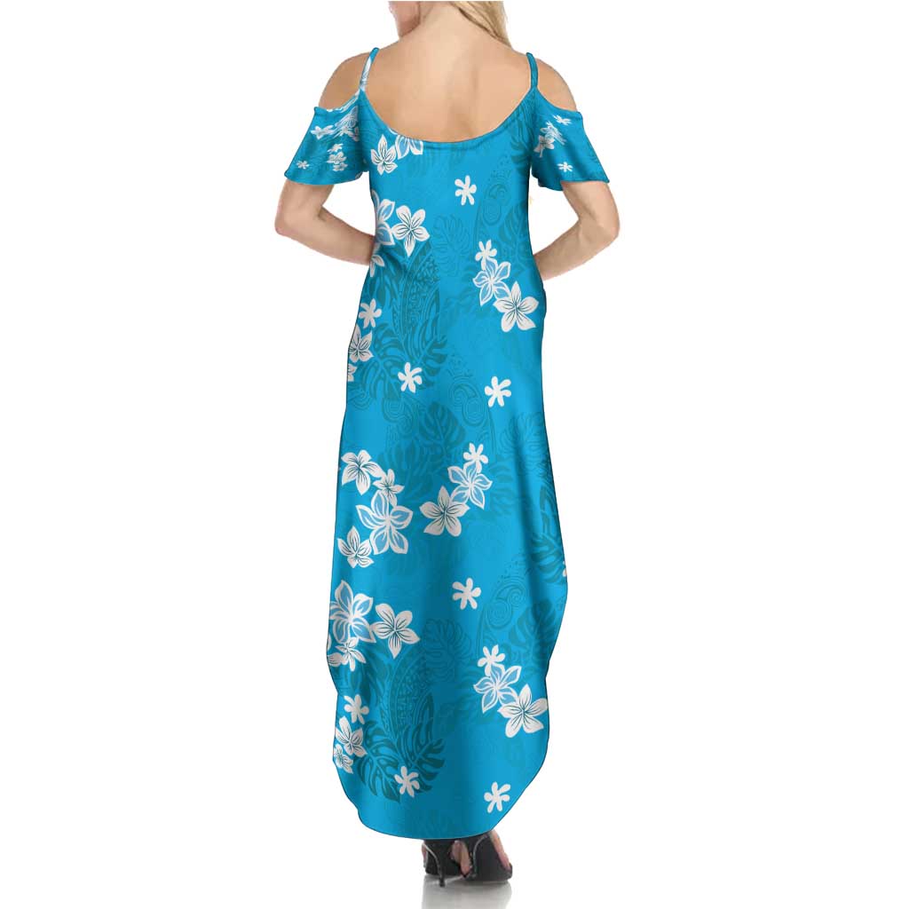 Hawaii Monstera Deliciosa Family Matching Summer Maxi Dress and Hawaiian Shirt Blue Plumeria Polynesian Pattern LT05 - Polynesian Pride