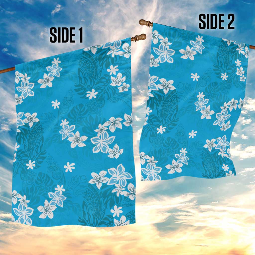 Hawaii Monstera Deliciosa Garden Flag Blue Plumeria Polynesian Pattern - Polynesian Pride