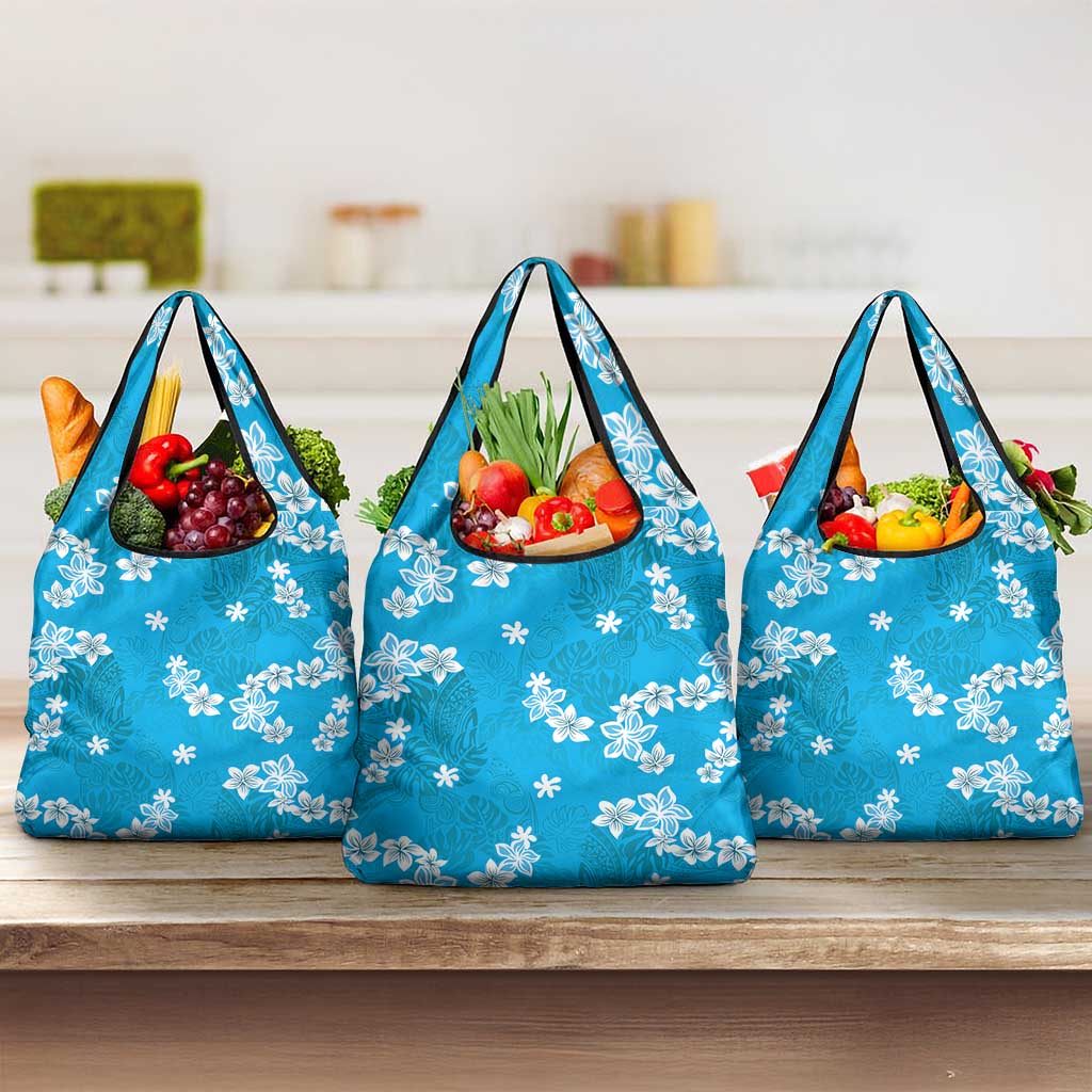 Hawaii Monstera Deliciosa Grocery Bag Blue Plumeria Polynesian Pattern - Polynesian Pride