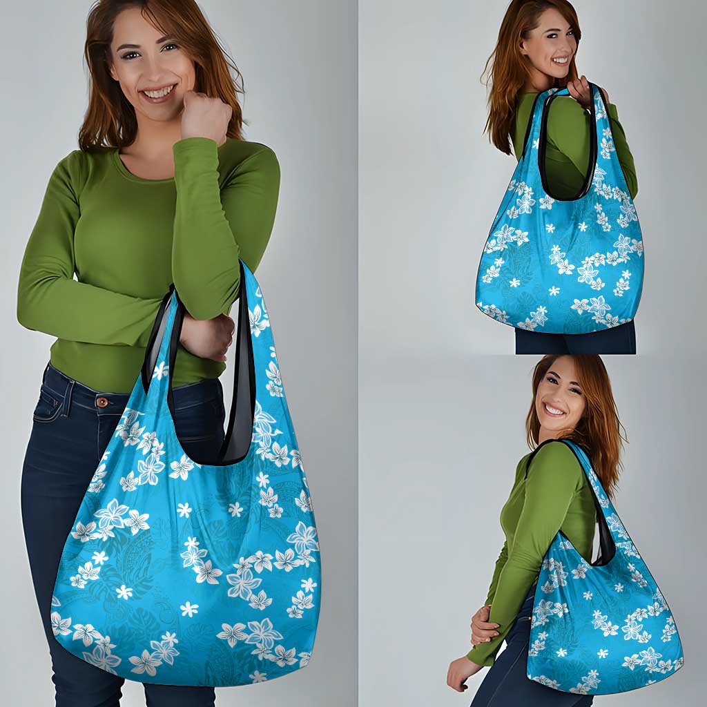 Hawaii Monstera Deliciosa Grocery Bag Blue Plumeria Polynesian Pattern - Polynesian Pride