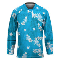 Hawaii Monstera Deliciosa Hockey Jersey Blue Plumeria Polynesian Pattern - Polynesian Pride