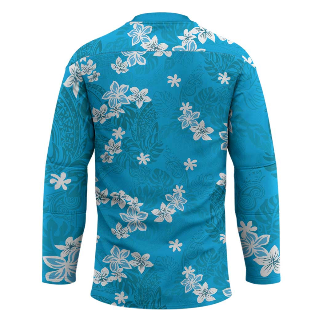 Hawaii Monstera Deliciosa Hockey Jersey Blue Plumeria Polynesian Pattern - Polynesian Pride