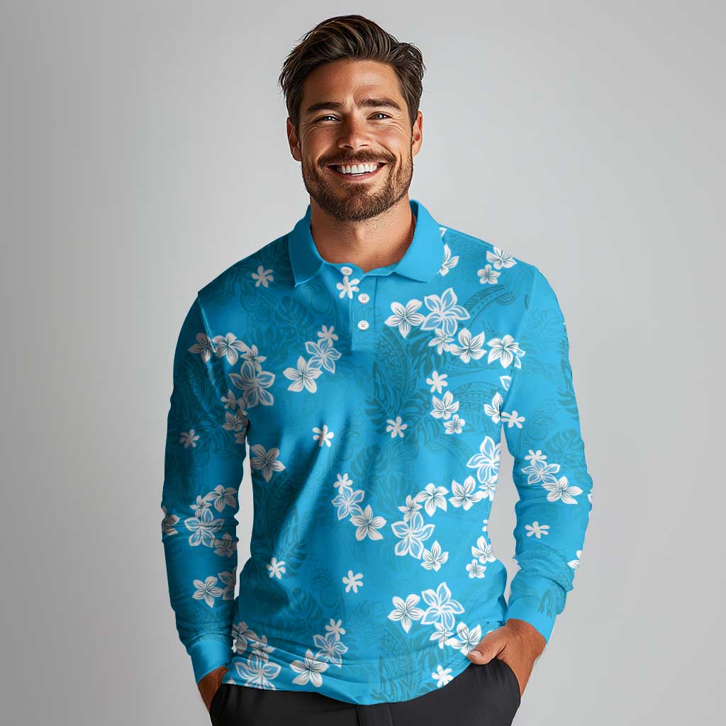 Hawaii Monstera Deliciosa Long Sleeve Polo Shirt Blue Plumeria Polynesian Pattern - Polynesian Pride
