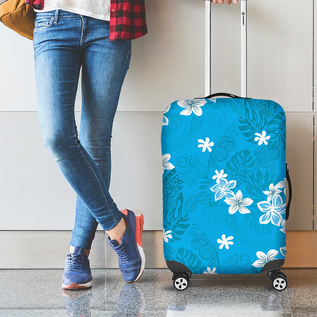 Hawaii Monstera Deliciosa Luggage Cover Blue Plumeria Polynesian Pattern - Polynesian Pride