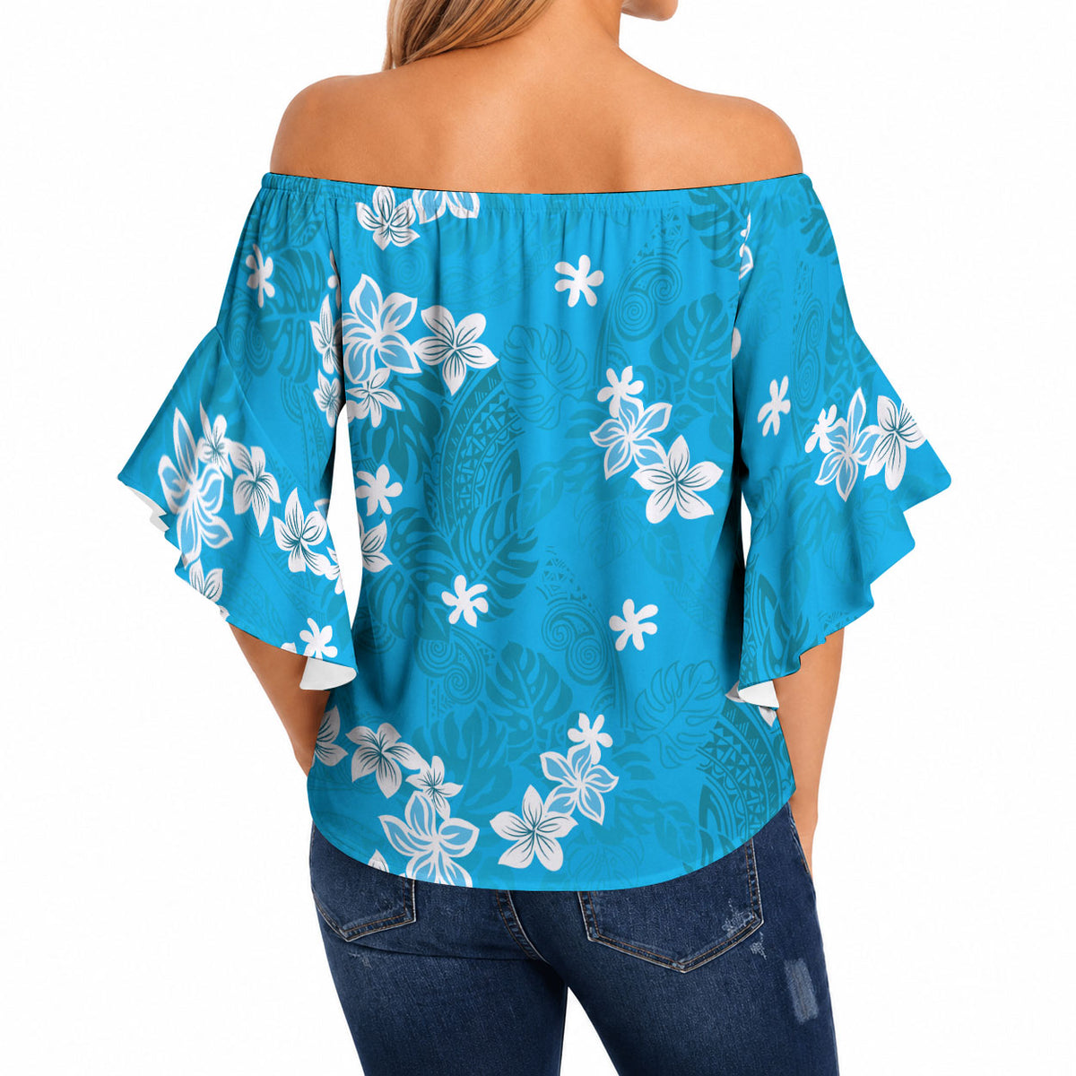 Hawaii Monstera Deliciosa Off Shoulder Wrap Waist Top Blue Plumeria Polynesian Pattern LT05 - Polynesian Pride