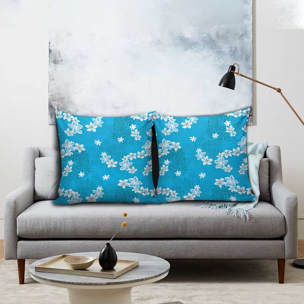 Hawaii Monstera Deliciosa Pillow Cover Blue Plumeria Polynesian Pattern - Polynesian Pride