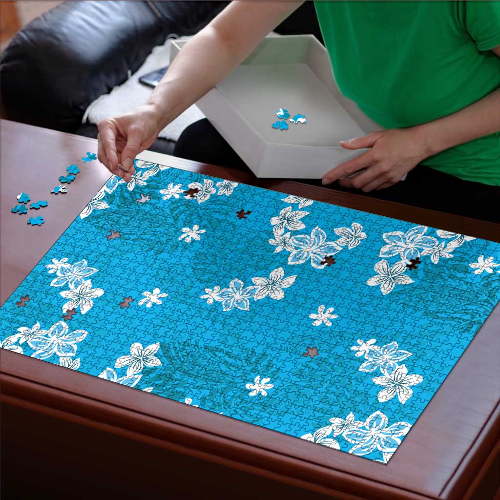 Hawaii Monstera Deliciosa Puzzle Blue Plumeria Polynesian Pattern - Polynesian Pride