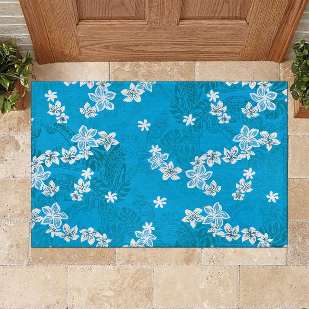 Hawaii Monstera Deliciosa Rubber Doormat Blue Plumeria Polynesian Pattern - Polynesian Pride