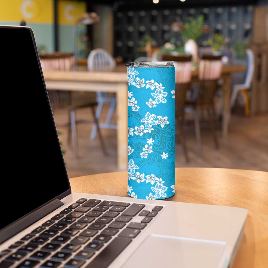 Hawaii Monstera Deliciosa Skinny Tumbler Blue Plumeria Polynesian Pattern - Polynesian Pride