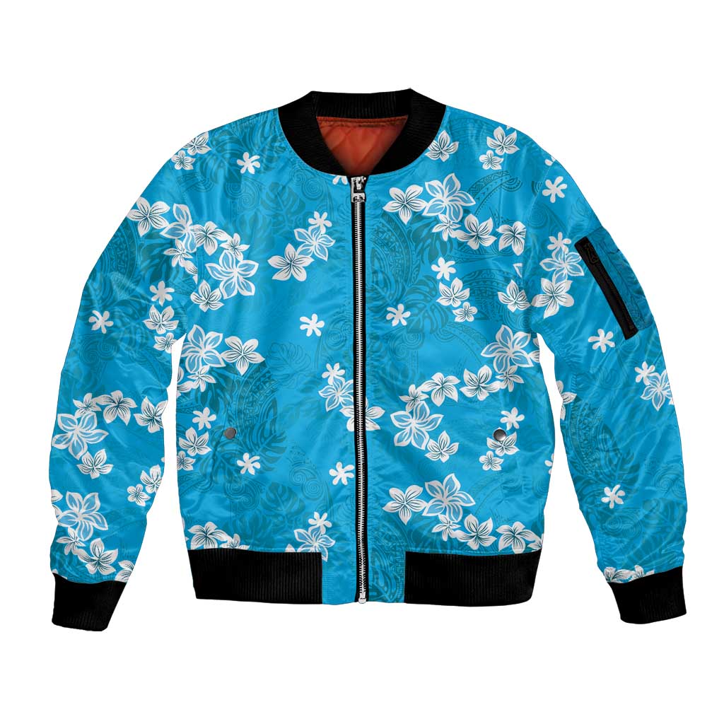 Hawaii Monstera Deliciosa Sleeve Zip Bomber Jacket Blue Plumeria Polynesian Pattern LT05 Unisex Blue - Polynesian Pride