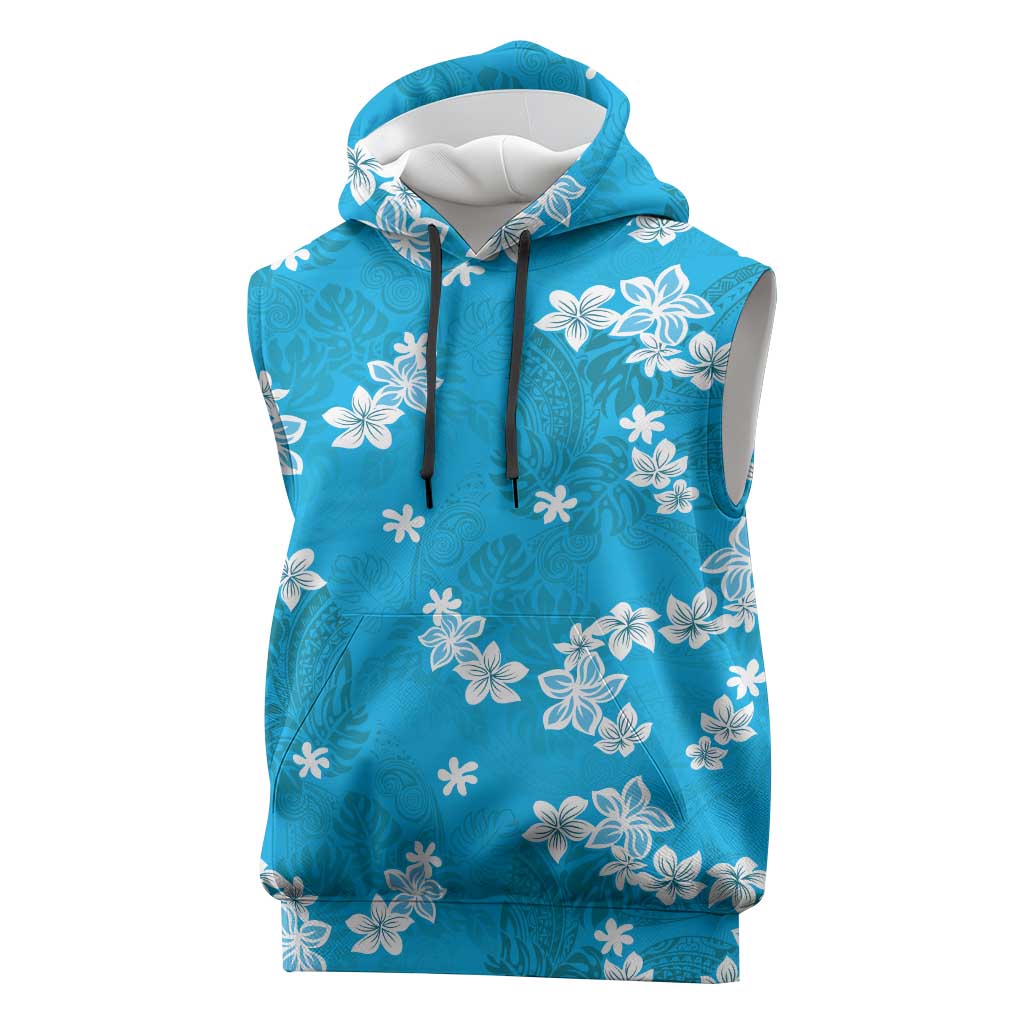 Hawaii Monstera Deliciosa Sleeveless Hoodie Blue Plumeria Polynesian Pattern - Polynesian Pride