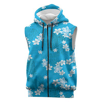 Hawaii Monstera Deliciosa Sleeveless Zip Hoodie Blue Plumeria Polynesian Pattern - Polynesian Pride
