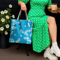 Hawaii Monstera Deliciosa Tote Bag Blue Plumeria Polynesian Pattern - Polynesian Pride