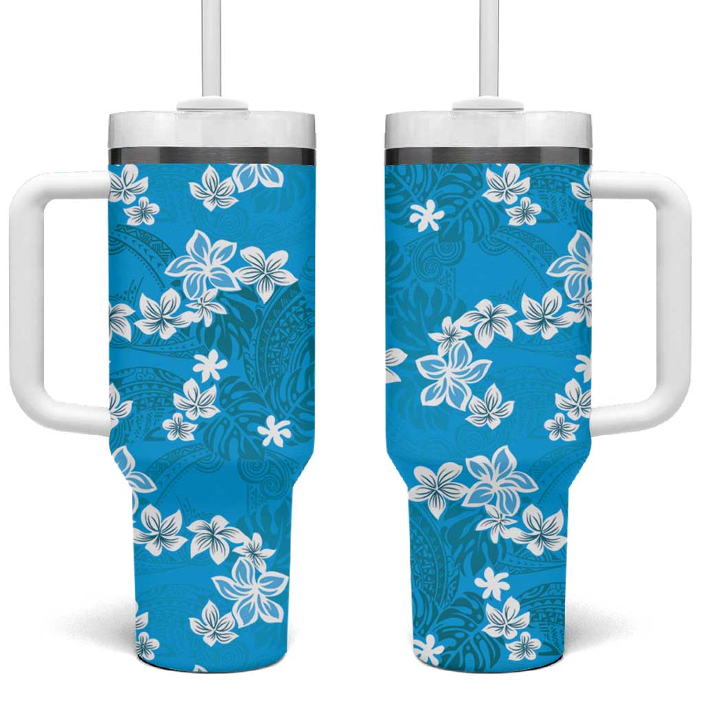 Hawaii Monstera Deliciosa Tumbler With Handle Blue Plumeria Polynesian Pattern LT05 One Size: 40 oz Blue - Polynesian Pride