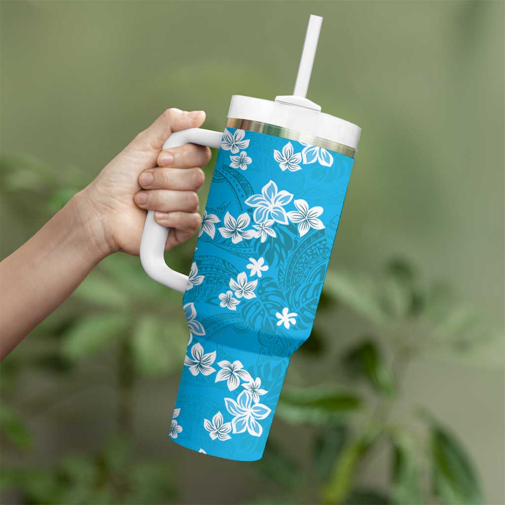 Hawaii Monstera Deliciosa Tumbler With Handle Blue Plumeria Polynesian Pattern LT05 - Polynesian Pride