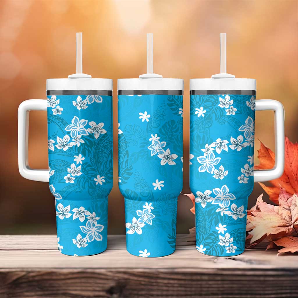 Hawaii Monstera Deliciosa Tumbler With Handle Blue Plumeria Polynesian Pattern LT05 - Polynesian Pride