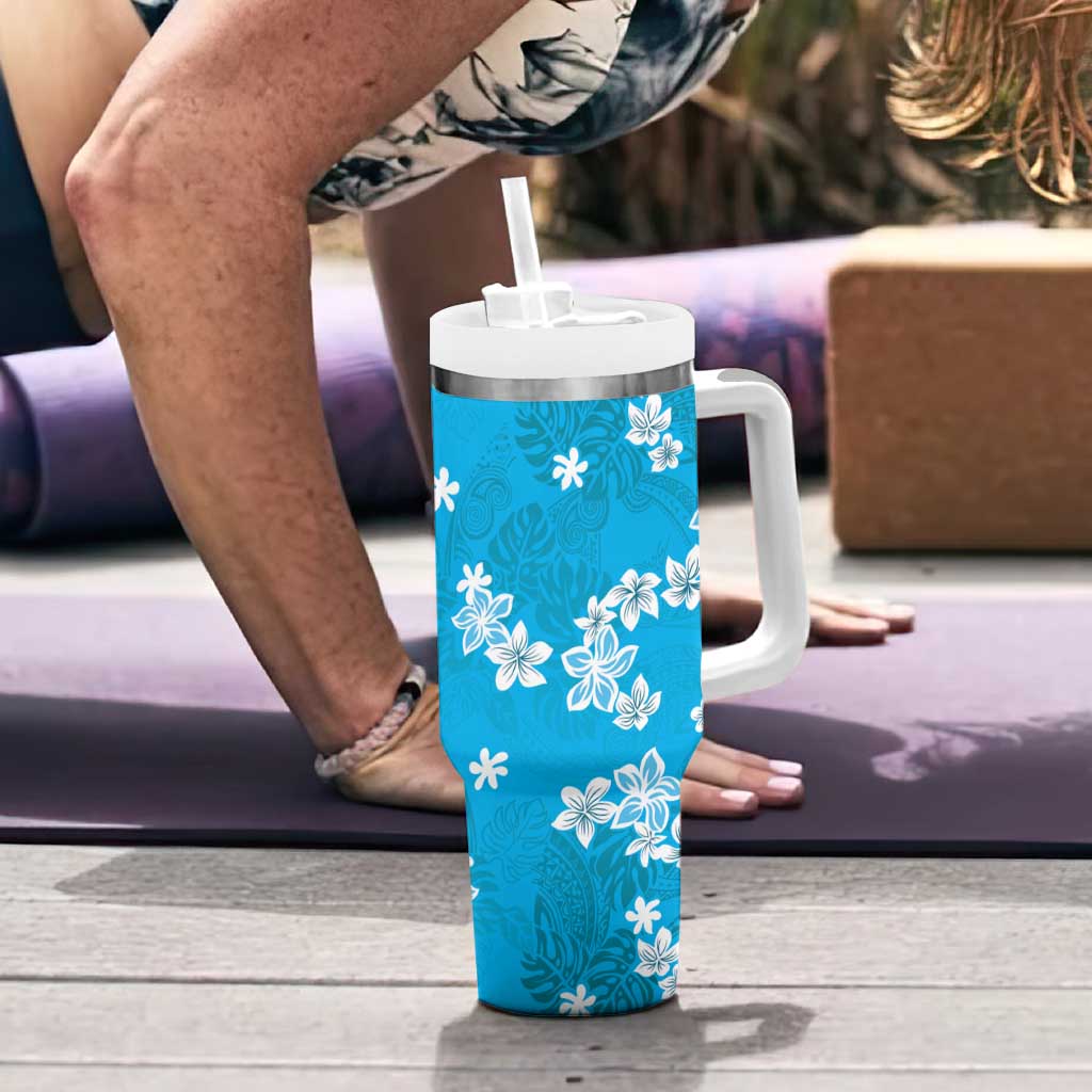 Hawaii Monstera Deliciosa Tumbler With Handle Blue Plumeria Polynesian Pattern LT05 - Polynesian Pride