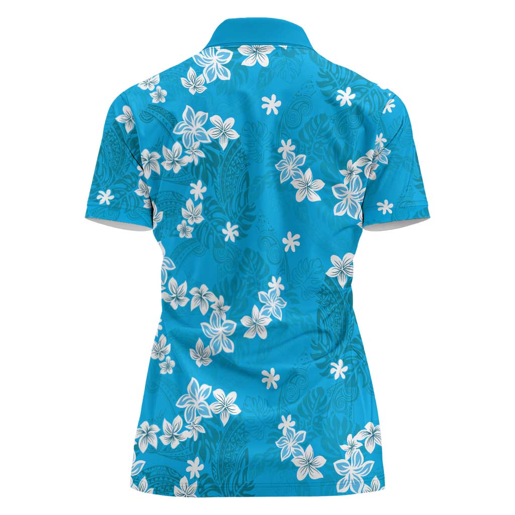 Hawaii Monstera Deliciosa Women Polo Shirt Blue Plumeria Polynesian Pattern - Polynesian Pride