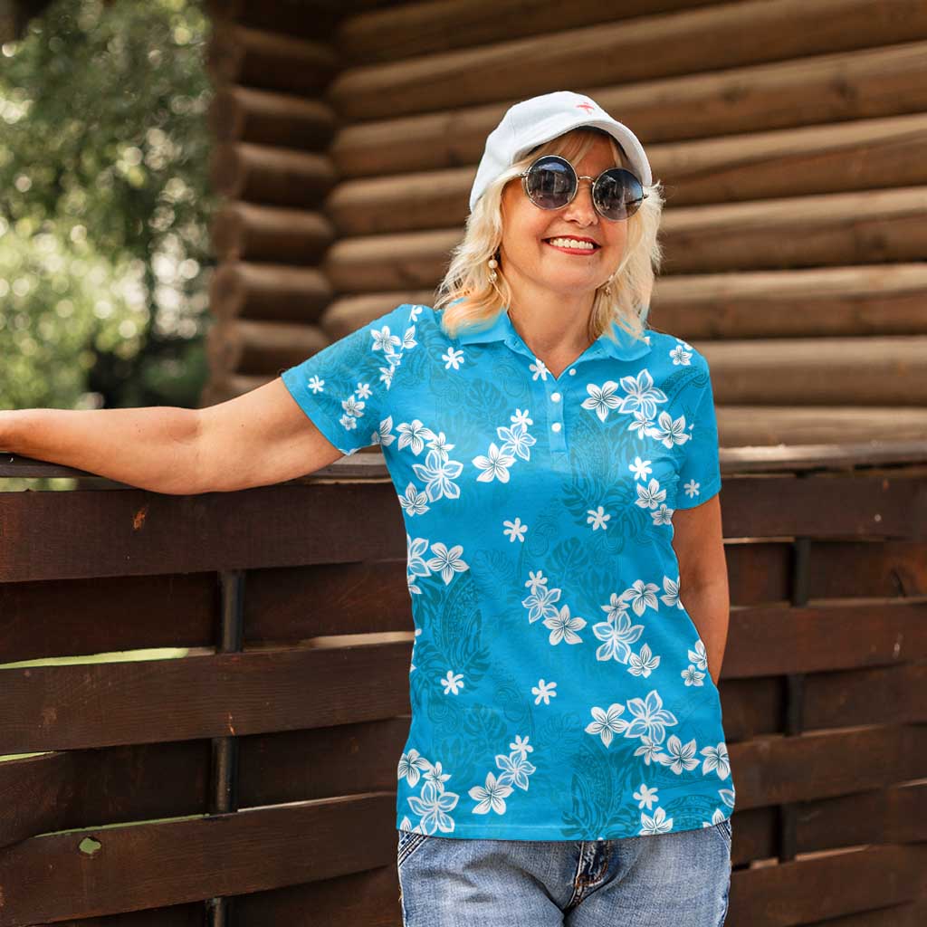 Hawaii Monstera Deliciosa Women Polo Shirt Blue Plumeria Polynesian Pattern - Polynesian Pride