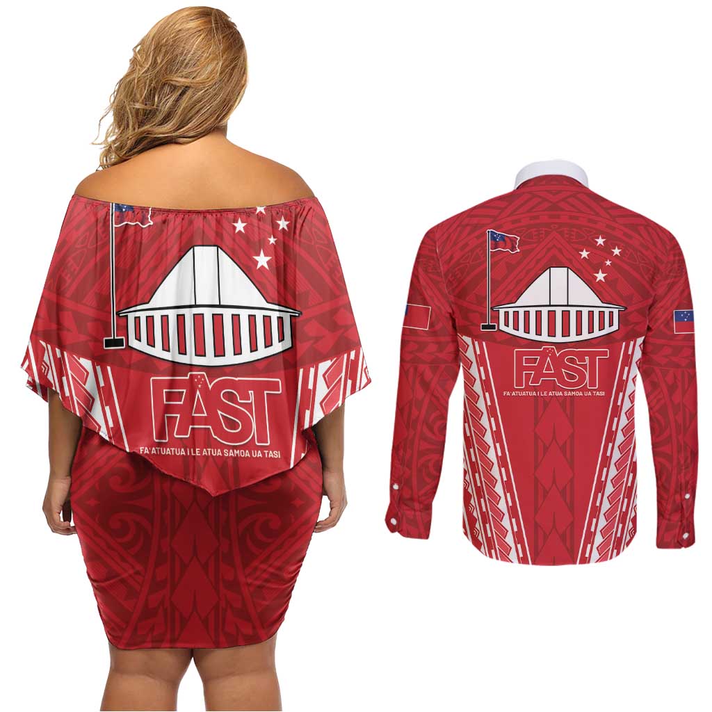 Samoa FAST Couples Matching Off Shoulder Short Dress and Long Sleeve Button Shirt Forever Proud Samoan Tribal Pattern - Polynesian Pride