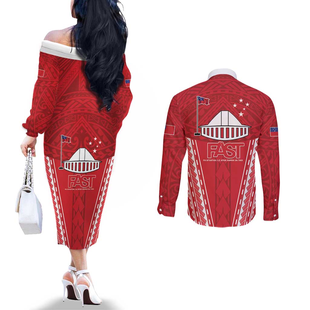 Samoa FAST Couples Matching Off The Shoulder Long Sleeve Dress and Long Sleeve Button Shirt Forever Proud Samoan Tribal Pattern - Polynesian Pride