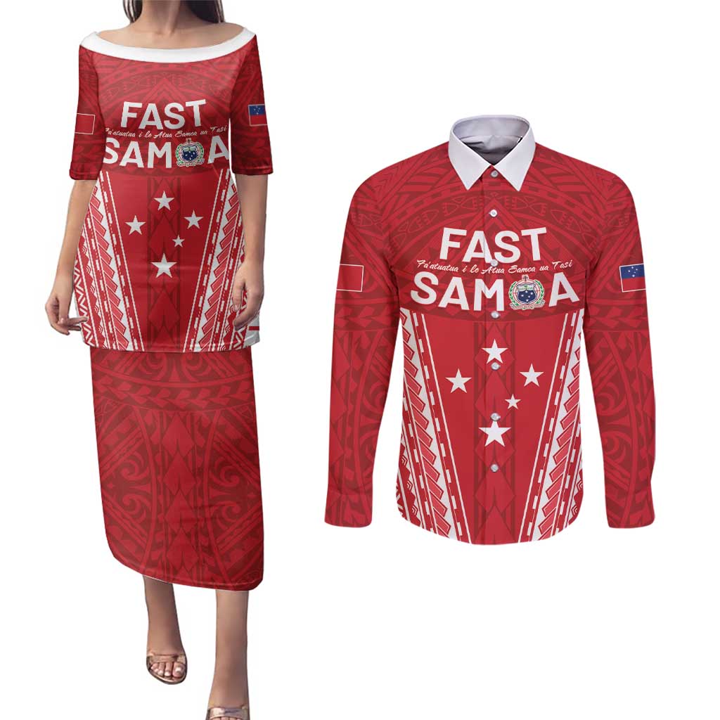 Samoa FAST Couples Matching Puletasi and Long Sleeve Button Shirt Forever Proud Samoan Tribal Pattern - Polynesian Pride