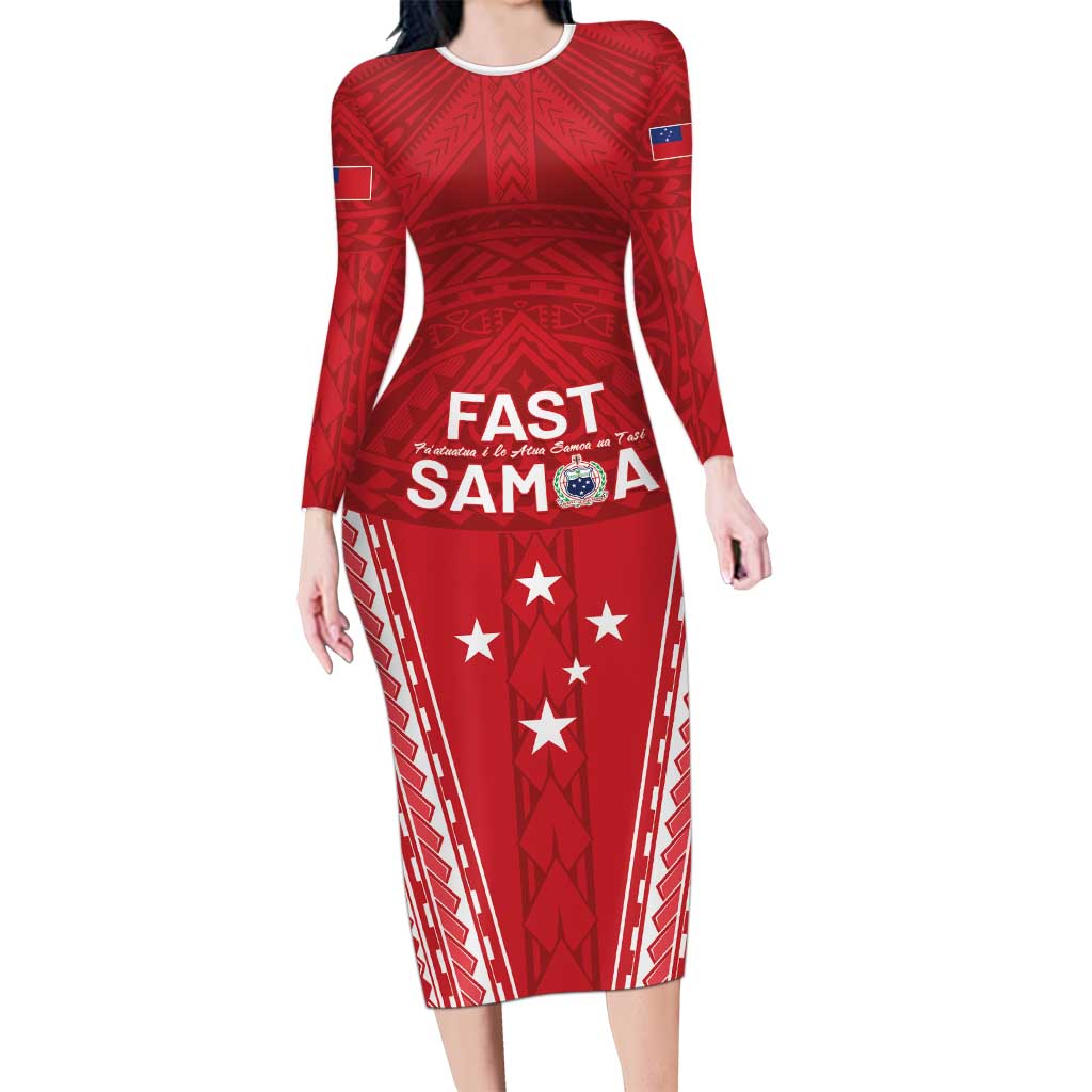 Samoa FAST Family Matching Long Sleeve Bodycon Dress and Hawaiian Shirt Forever Proud Samoan Tribal Pattern LT05 Mom's Dress Red - Polynesian Pride