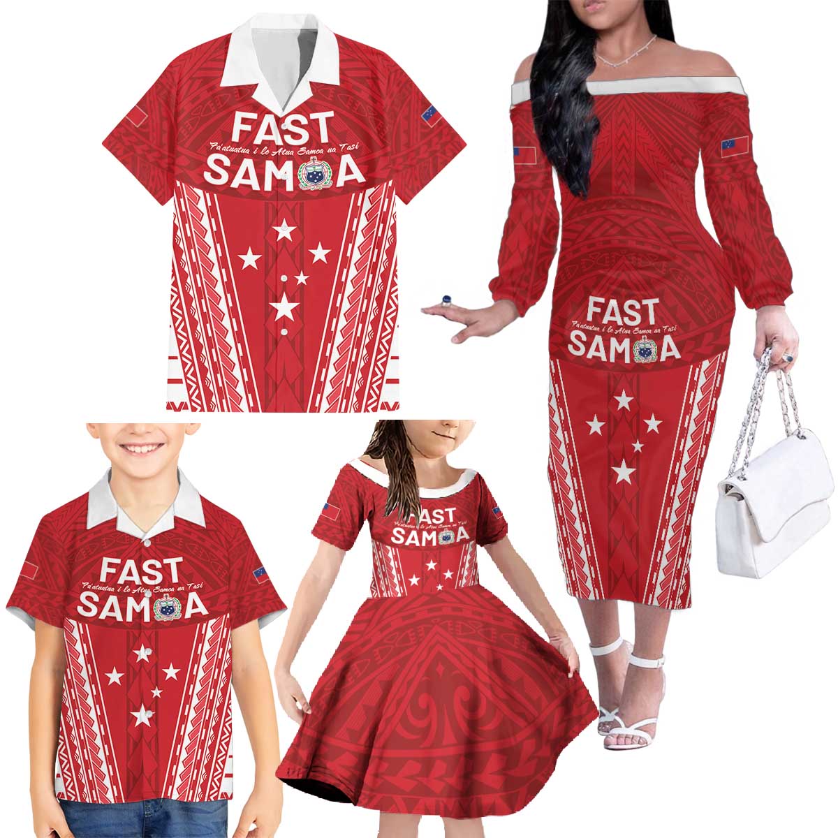 Samoa FAST Family Matching Off The Shoulder Long Sleeve Dress and Hawaiian Shirt Forever Proud Samoan Tribal Pattern LT05 - Polynesian Pride