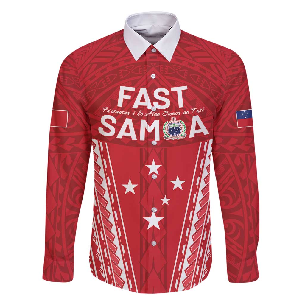 Samoa FAST Family Matching Tank Maxi Dress and Hawaiian Shirt Forever Proud Samoan Tribal Pattern LT05 Dad's Shirt - Long Sleeve Red - Polynesian Pride