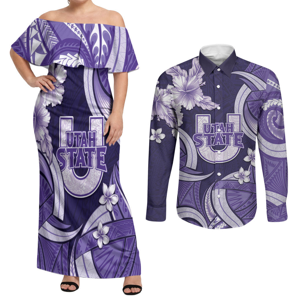 Utah State Polynesian Heritage Couples Matching Off Shoulder Maxi Dress and Long Sleeve Button Shirt Floral Tribal Pattern Tropical Flowers LT05 Purple - Polynesian Pride