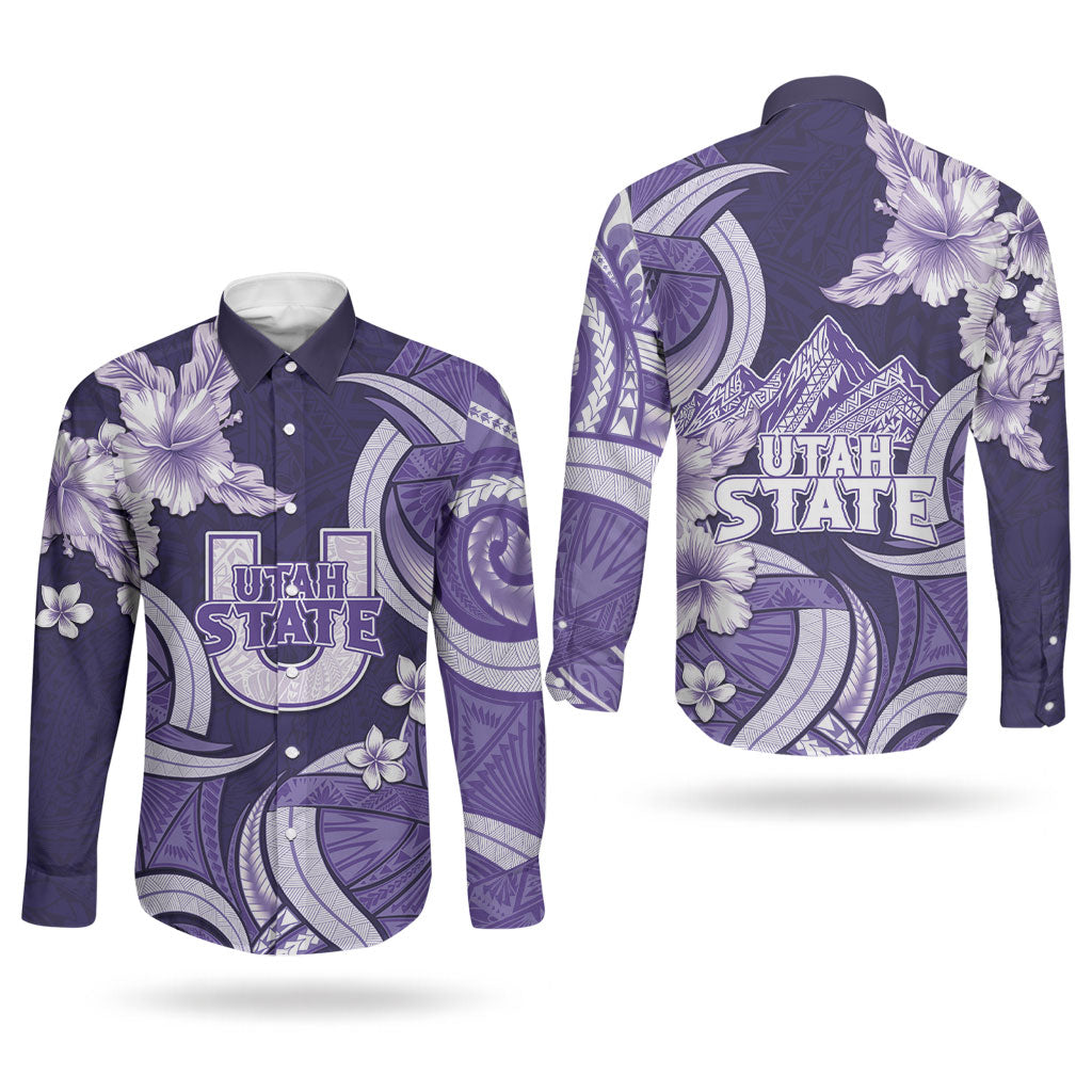 Utah State Polynesian Heritage Couples Matching Off Shoulder Maxi Dress and Long Sleeve Button Shirt Floral Tribal Pattern Tropical Flowers LT05 - Polynesian Pride
