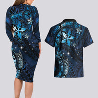 Hawaii Makahiki Season Couples Matching Long Sleeve Bodycon Dress and Hawaiian Shirt Floral Tribal Tattoo Blue Galaxy LT05 - Polynesian Pride