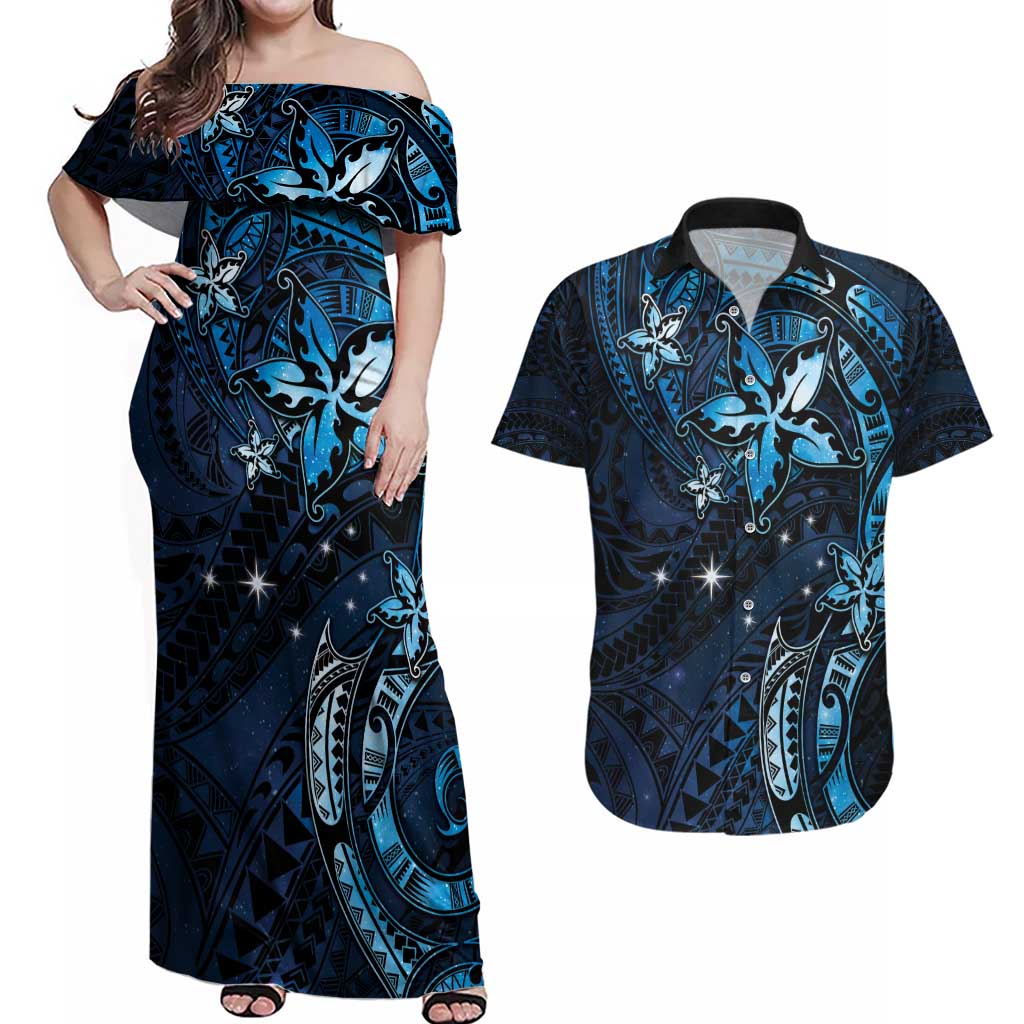 Hawaii Makahiki Season Couples Matching Off Shoulder Maxi Dress and Hawaiian Shirt Floral Tribal Tattoo Blue Galaxy LT05 Blue - Polynesian Pride