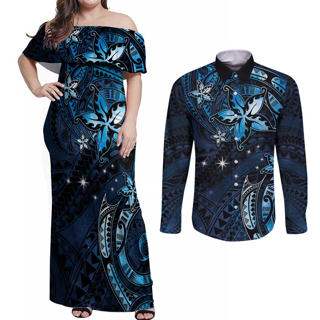 Hawaii Makahiki Season Couples Matching Off Shoulder Maxi Dress and Long Sleeve Button Shirt Floral Tribal Tattoo Blue Galaxy