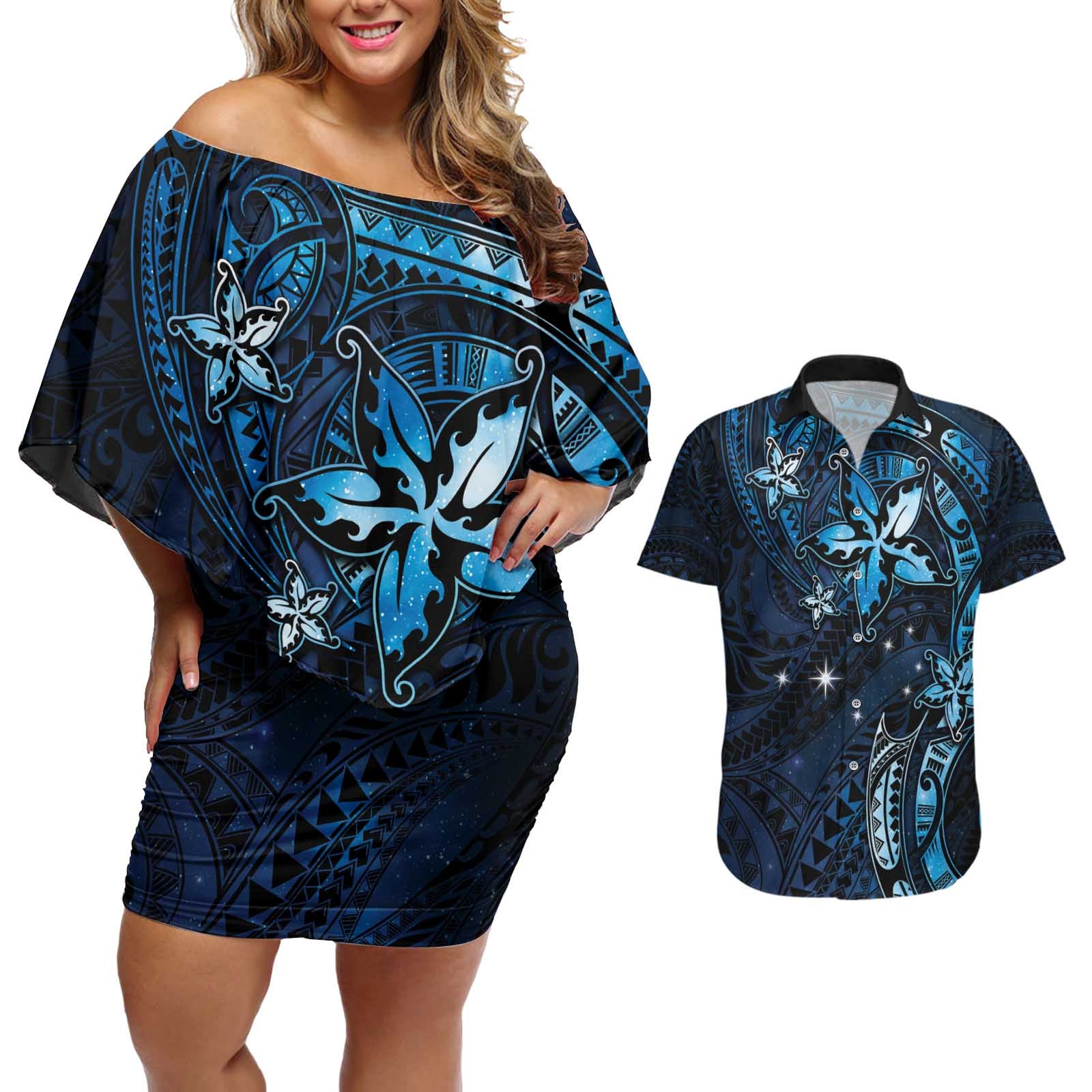 Hawaii Makahiki Season Couples Matching Off Shoulder Short Dress and Hawaiian Shirt Floral Tribal Tattoo Blue Galaxy