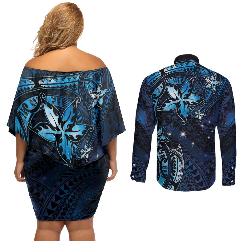 Hawaii Makahiki Season Couples Matching Off Shoulder Short Dress and Long Sleeve Button Shirt Floral Tribal Tattoo Blue Galaxy