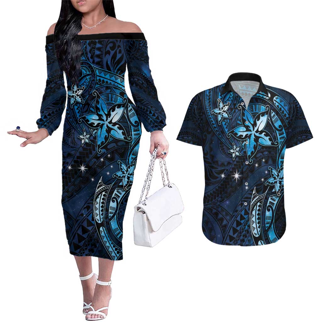 Hawaii Makahiki Season Couples Matching Off The Shoulder Long Sleeve Dress and Hawaiian Shirt Floral Tribal Tattoo Blue Galaxy