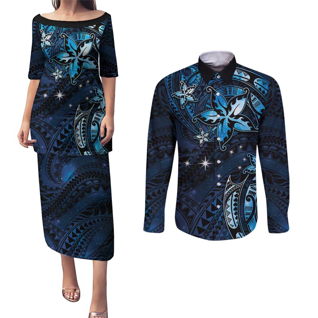 Hawaii Makahiki Season Couples Matching Puletasi and Long Sleeve Button Shirt Floral Tribal Tattoo Blue Galaxy LT05 Blue - Polynesian Pride