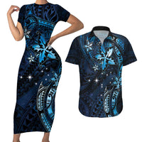 Hawaii Makahiki Season Couples Matching Short Sleeve Bodycon Dress and Hawaiian Shirt Floral Tribal Tattoo Blue Galaxy LT05 Blue - Polynesian Pride