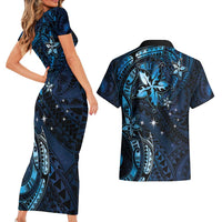 Hawaii Makahiki Season Couples Matching Short Sleeve Bodycon Dress and Hawaiian Shirt Floral Tribal Tattoo Blue Galaxy LT05 - Polynesian Pride
