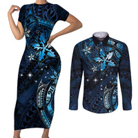 Hawaii Makahiki Season Couples Matching Short Sleeve Bodycon Dress and Long Sleeve Button Shirt Floral Tribal Tattoo Blue Galaxy