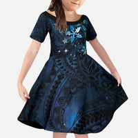 Hawaii Makahiki Season Family Matching Mermaid Dress and Hawaiian Shirt Floral Tribal Tattoo Blue Galaxy LT05 Daughter's Dress Blue - Polynesian Pride