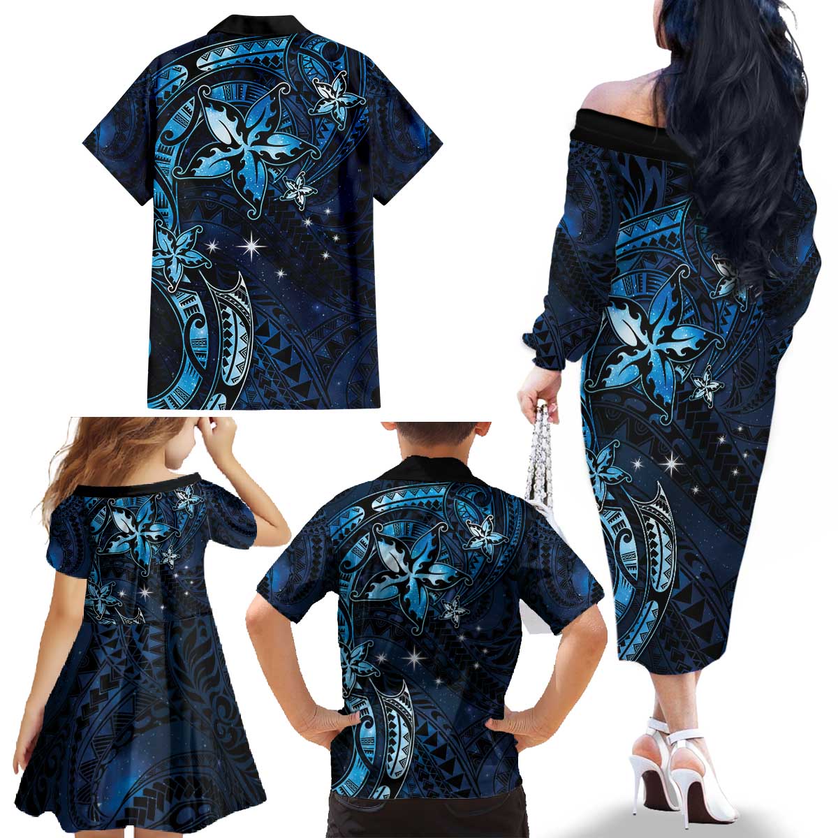 Hawaii Makahiki Season Family Matching Off The Shoulder Long Sleeve Dress and Hawaiian Shirt Floral Tribal Tattoo Blue Galaxy LT05 - Polynesian Pride