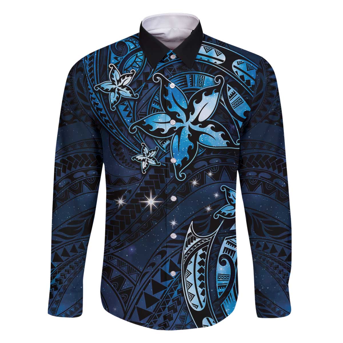 Hawaii Makahiki Season Family Matching Off The Shoulder Long Sleeve Dress and Hawaiian Shirt Floral Tribal Tattoo Blue Galaxy LT05 Dad's Shirt - Long Sleeve Blue - Polynesian Pride