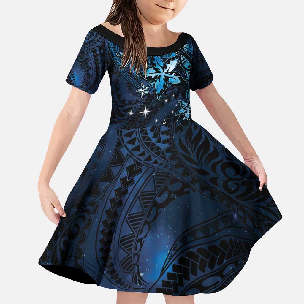 Hawaii Makahiki Season Family Matching Off Shoulder Maxi Dress and Hawaiian Shirt Floral Tribal Tattoo Blue Galaxy LT05 Daughter's Dress Blue - Polynesian Pride